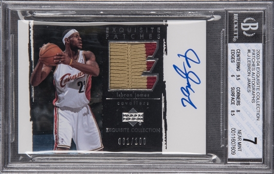2003-04 UD "Exquisite Collection" Patches #LJ LeBron James Signed Rookie Card (#061/100) - BGS NM 7/BGS 10